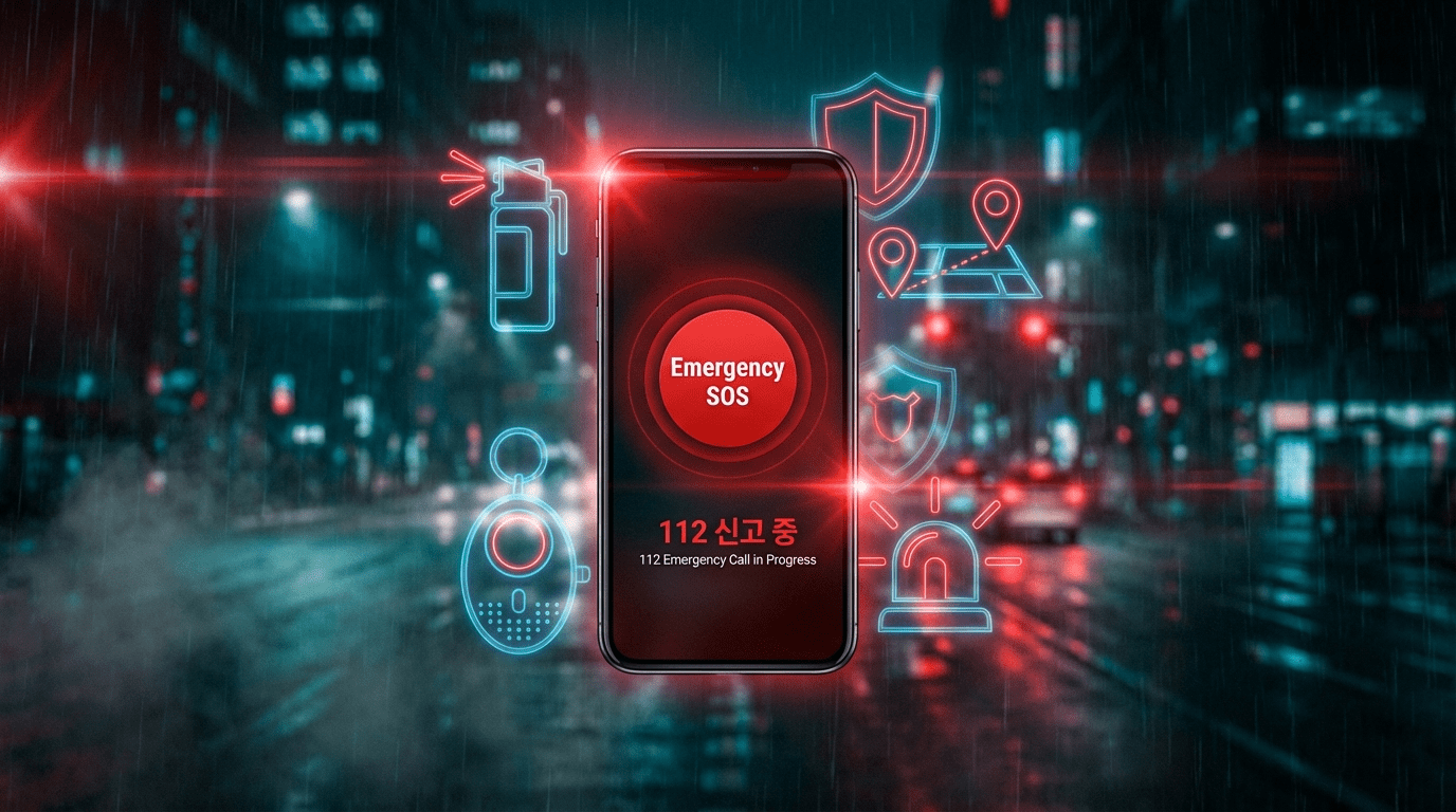 개인 안전 가이드 대표 이미지 - 어두운 도시 야경 배경에 스마트폰 화면 중앙에 빨간 Emergency SOS 버튼과 112 신고 중 텍스트가 표시되고, 주변에 호신 스프레이·방패·GPS 위치 핀·사이렌 알람 아이콘이 홀로그램 형태로 떠 있는 모습