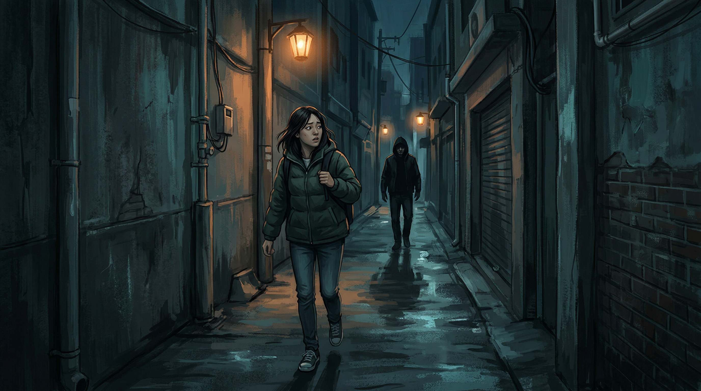 밤 늦은 골목길에서 앞장서 걷는 여성을 후드 쓴 남자가 뒤에서 따라오는 장면의 일러스트 – 미행 당하는지 확인하는 5가지 신호를 다룬 궁금스릴러 글 대표 이미지