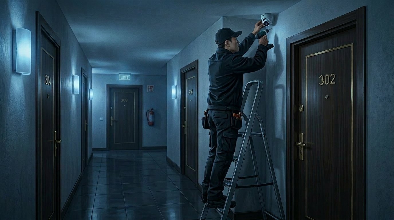 아파트 복도 현관문 위에 CCTV를 설치하고 있는 설치기사의 모습