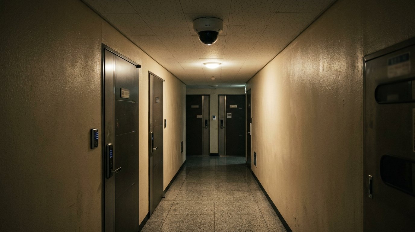 야간의 아파트 복도 천장에 설치된 CCTV 카메라와 양쪽으로 늘어선 현관문 모습
