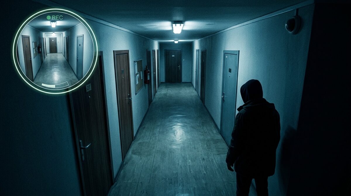 아파트 복도 CCTV 화면에서 사각지대에 서 있는 사람의 실루엣