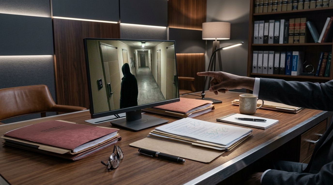 CCTV 영상이 표시된 모니터와 그 옆에 놓인 사건 서류를 검토하는 손의 실루엣