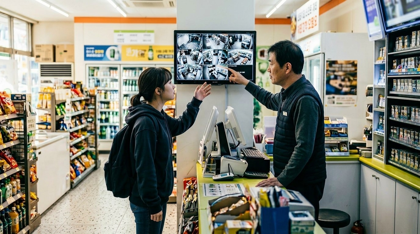 편의점 계산대 뒤 CCTV 모니터 앞에서 손님과 직원이 영상을 함께 보면서 대화하는 모습