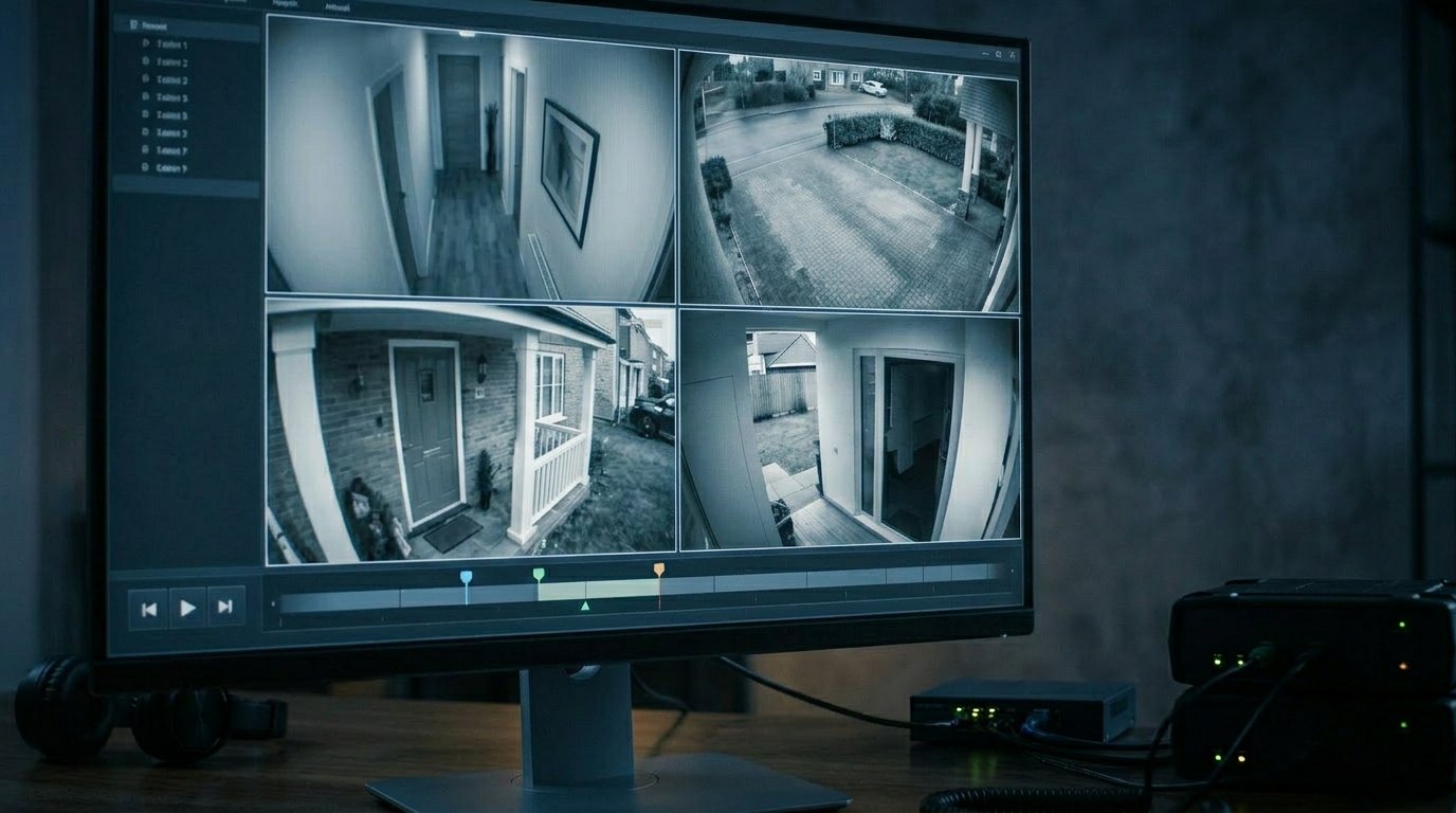 여러 CCTV 화면과 저장 장비가 보이는 모니터와 책상 위 장비 모습