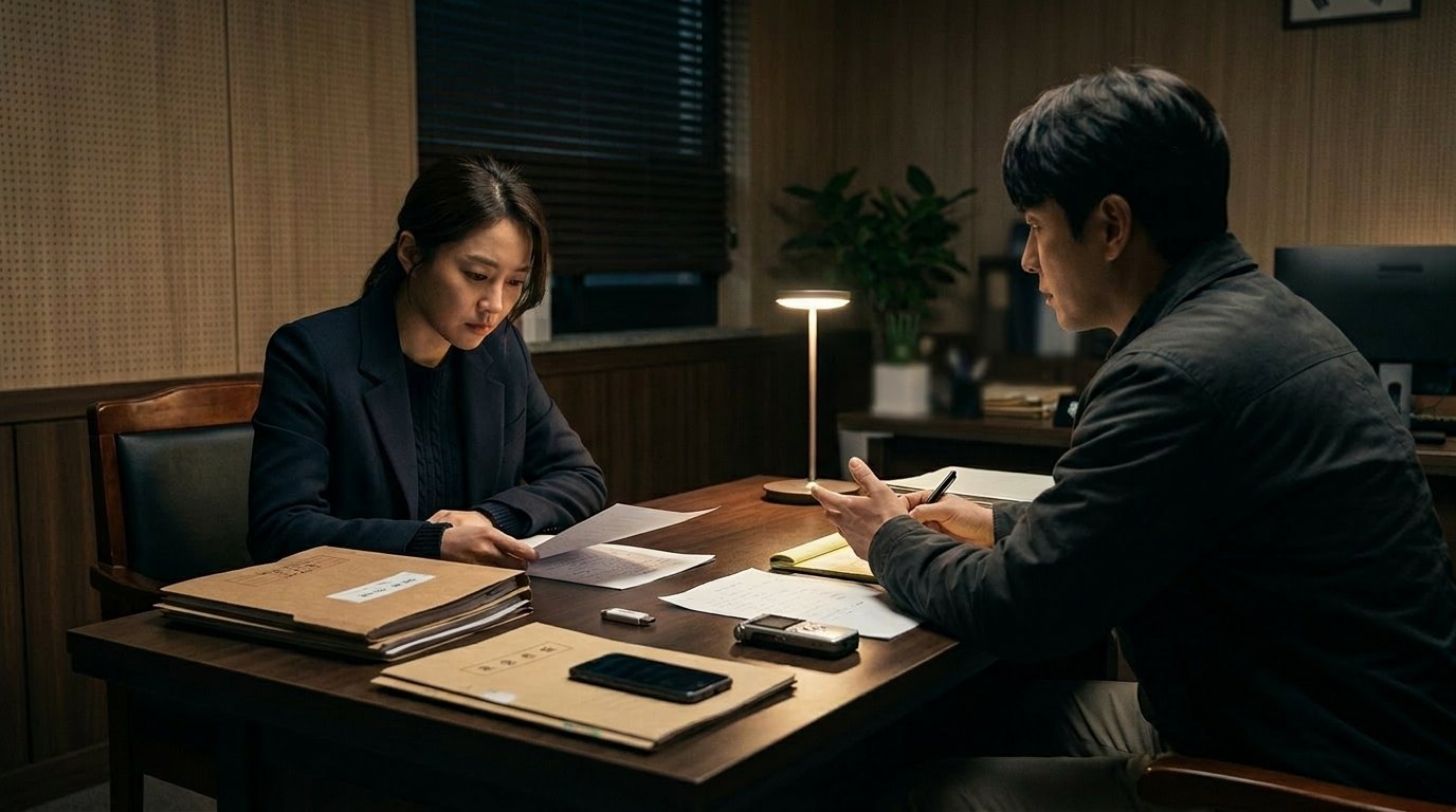 데이트폭력 신고를 앞두고 상담실 책상 위에 증거 자료를 펼쳐두고 상담사와 상의하는 여성의 모습