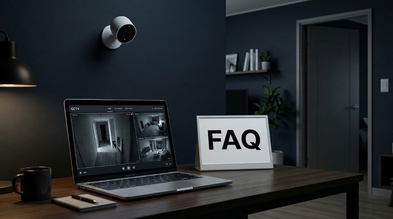 어두운 방 책상 위 노트북에 집 안 CCTV 화면이 여러 개 띄워져 있고, 옆 액자에는 ‘FAQ’라는 글자가 크게 적혀 있는 모습