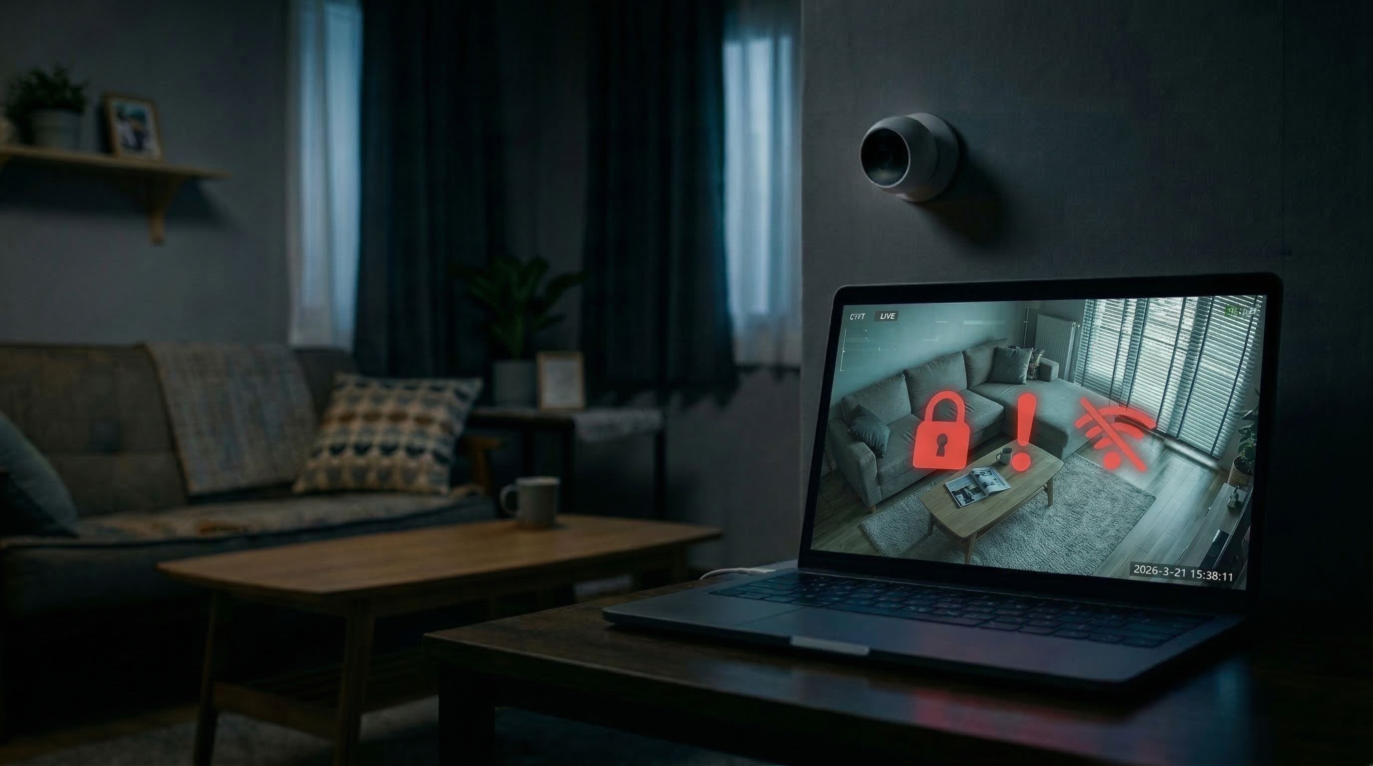 와이파이 CCTV가 설치된 거실에서 노트북 화면에 집 안 CCTV 영상과 함께 빨간색 자물쇠·느낌표·와이파이 경고 아이콘이 떠 있는 모습
