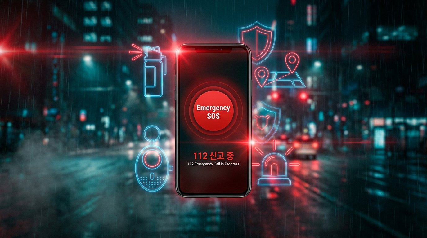 비 오는 밤거리 위에 Emergency SOS 버튼이 떠 있는 스마트폰 화면과 112 신고 아이콘들