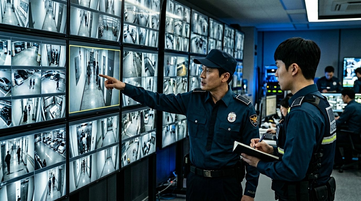 여러 대의 CCTV 모니터 앞에서 특정 화면을 손가락으로 가리키며 사건에 대해 이야기 나누는 경찰관들