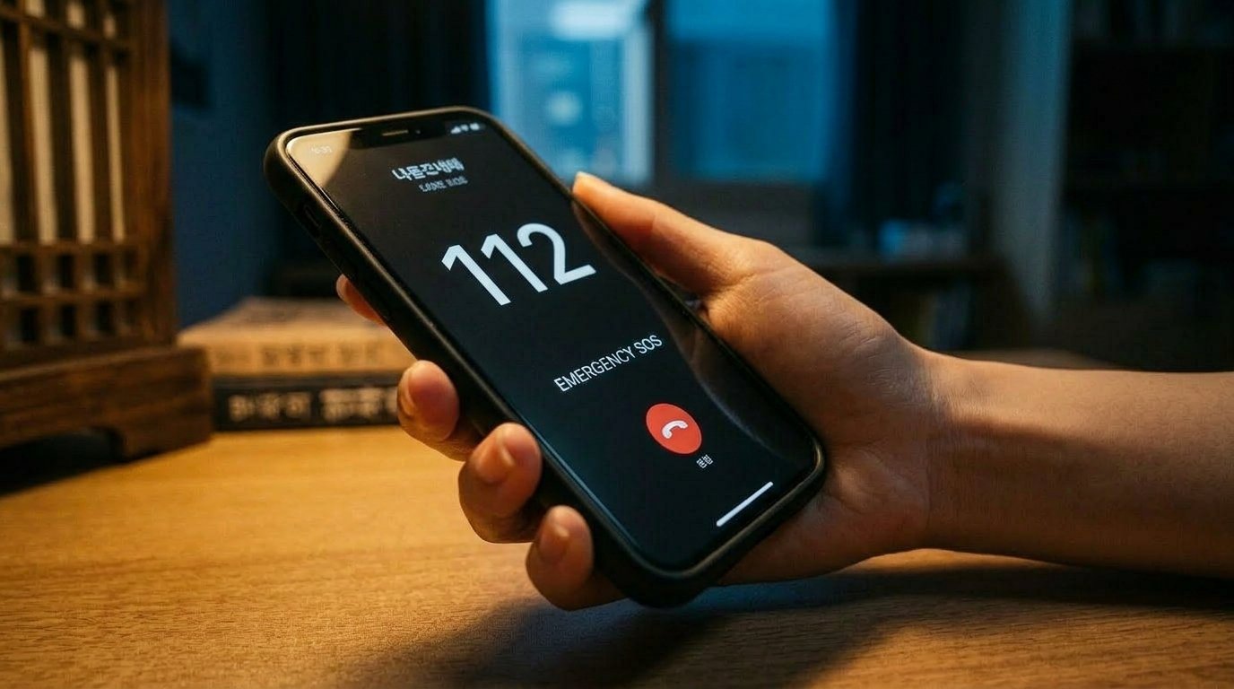 늦은 밤 방 안에서 112로 전화 걸기 직전 스마트폰을 손에 쥐고 있는 모습