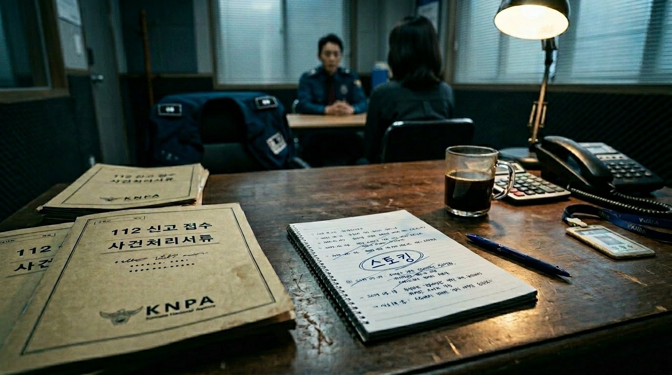 112 신고 후 경찰서 상담실 책상 위에 사건 파일과 메모, 스마트폰이 놓여 있는 모습