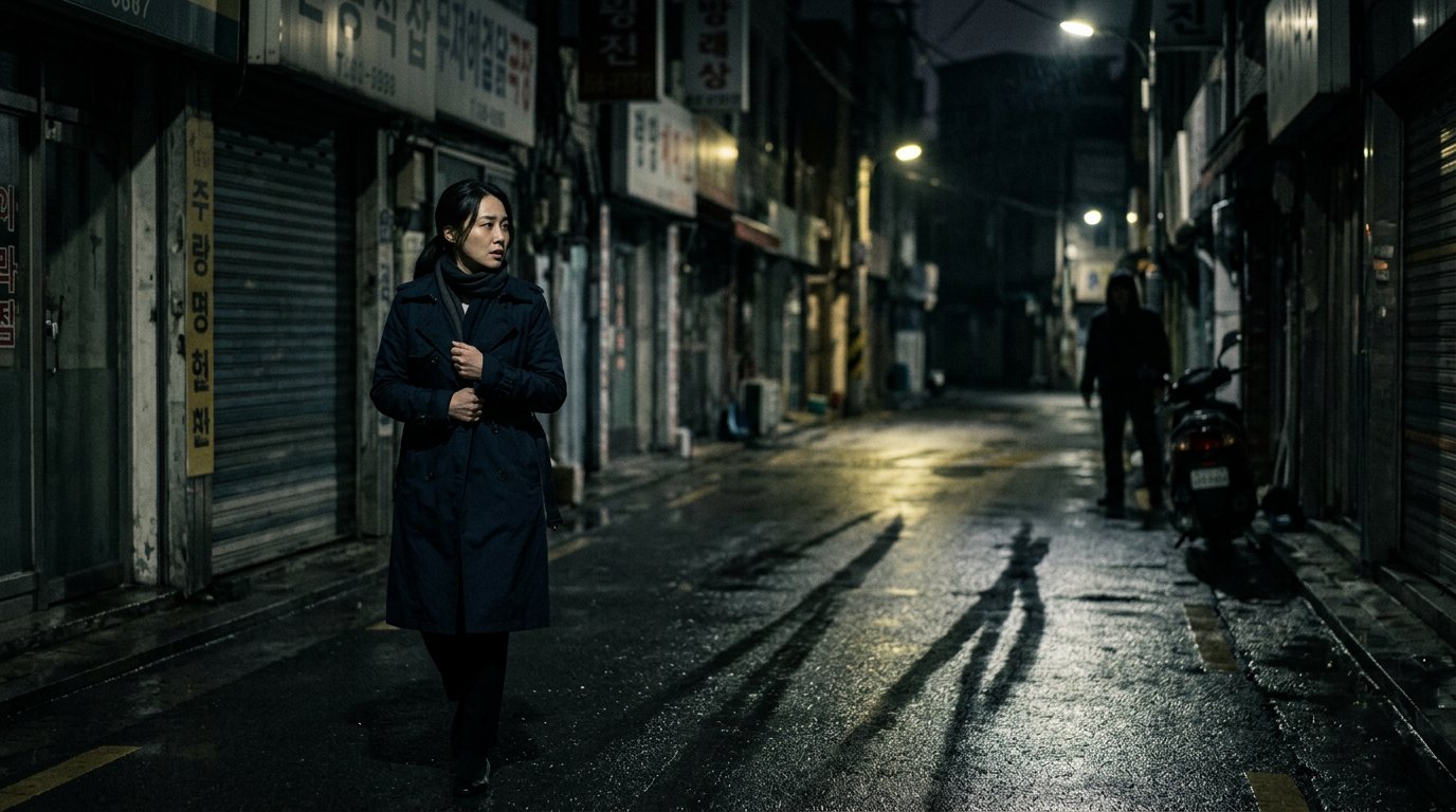 늦은 밤 골목길에서 혼자 걷는 여성 뒤로 수상한 사람이 따라오는 듯한 장면
