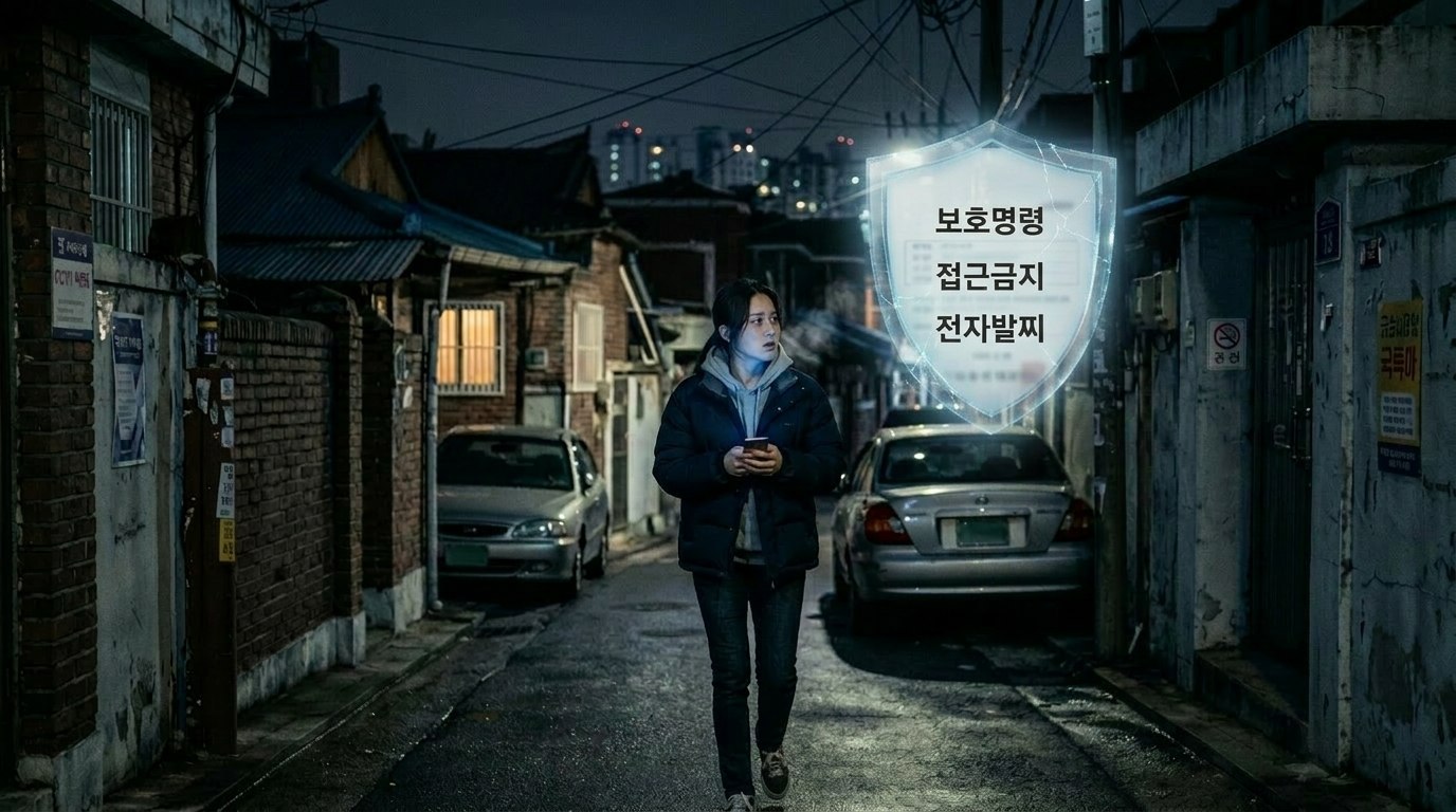 한국 도시 골목에서 스마트폰을 쥐고 불안하게 서 있는 여성 옆에 ‘보호명령’, ‘접근금지’, '전자발찌'라는 글자가 적힌 방패 모양 보호막이 떠 있는 장면