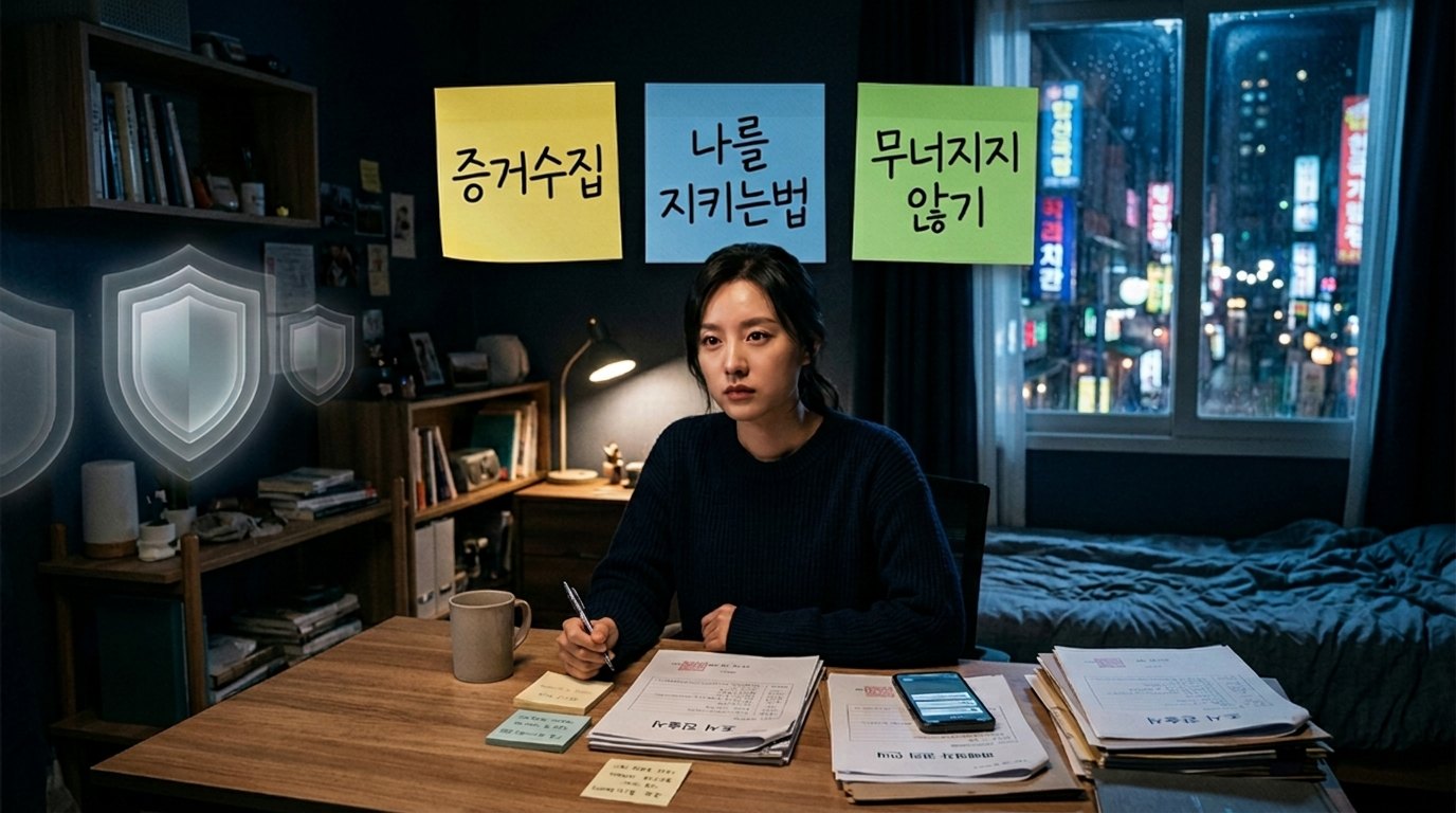 밤늦은 방에서 책상 앞에 앉은 여성이 ‘증거수집’, ‘나를 지키는 법’, ‘무너지지 않기’라고 적힌 메모를 벽에 붙여두고 서류와 휴대폰을 보며 스토킹·데이트폭력 이후 대처를 정리하는 장면