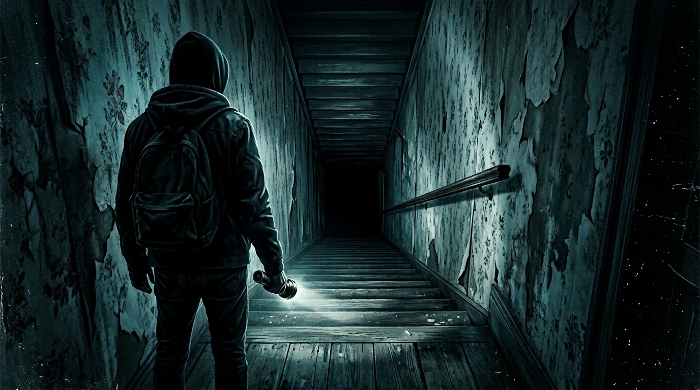 어두운 지하실 계단을 혼자 내려가는 스릴러 영화 장면 콘셉트 일러스트