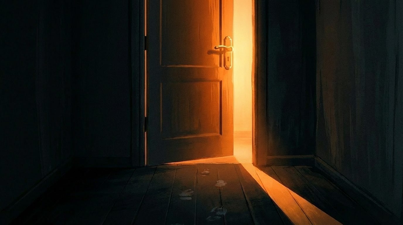 어두운 복도에서 살짝 열린 문틈으로 강렬한 주황빛이 새어 나오는 장면, 스릴러 영화 속 긴장감 연출