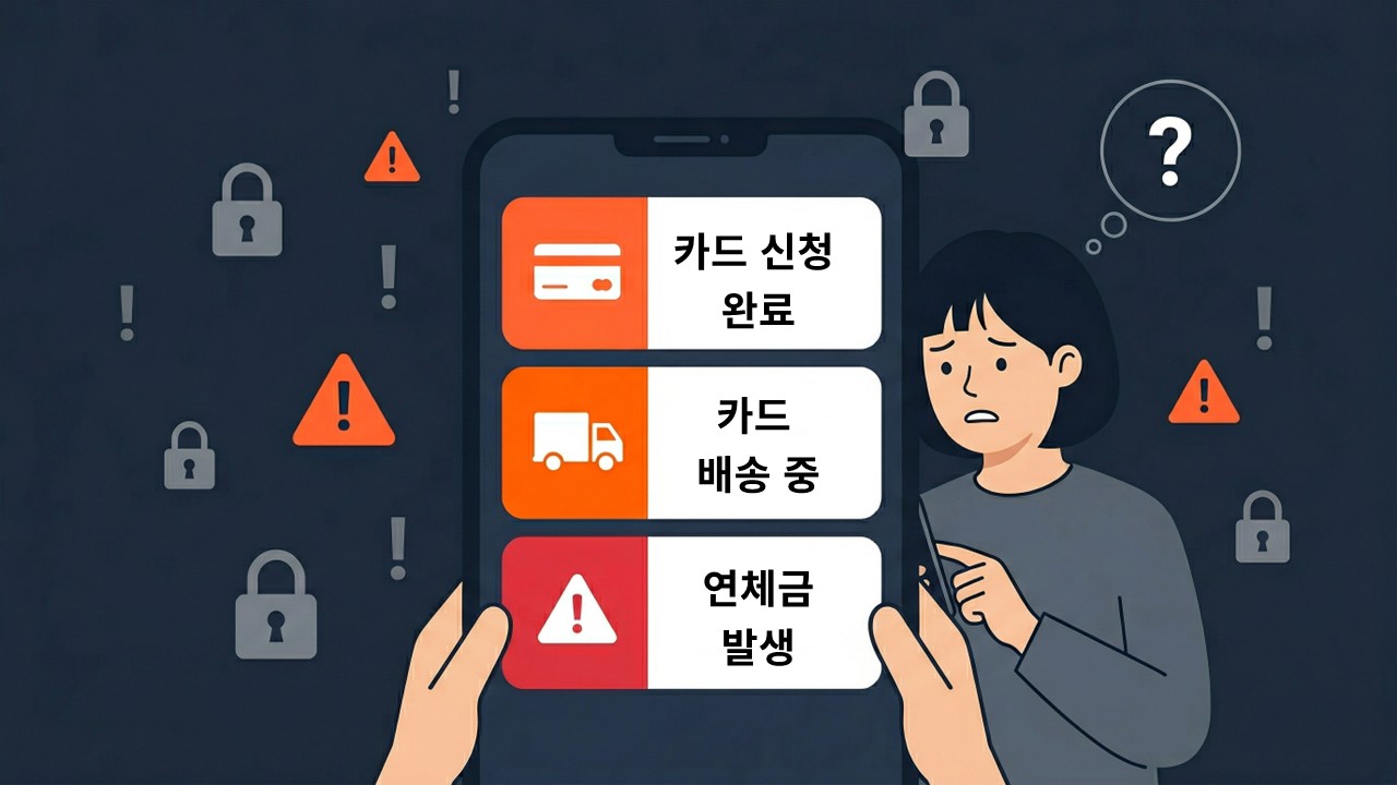 스마트폰 화면에 ‘카드 신청 완료’, ‘카드 배송 중’, ‘연체금 발생’ 알림이 차례로 표시되어 있고, 옆에서 한 여성이 걱정스러운 표정으로 이를 바라보는 모습의 일러스트
