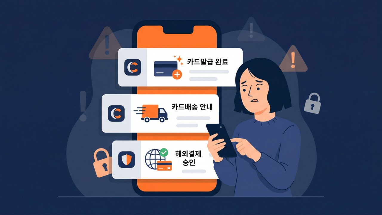스마트폰 화면에 ‘카드발급 완료’, ‘카드배송 안내’, ‘해외결제 승인’ 알림이 연달아 뜨고, 이를 보며 걱정스러운 표정으로 휴대폰을 바라보는 여성의 일러스트