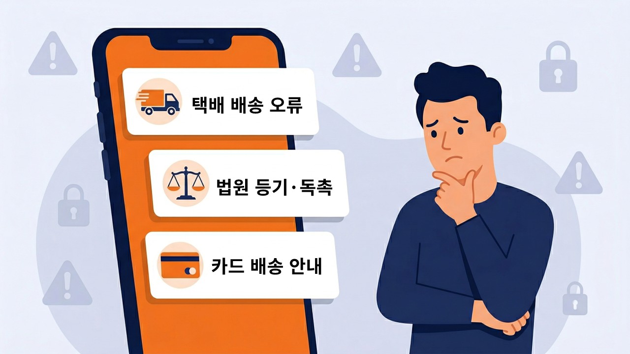 스마트폰 화면에 ‘택배 배송 오류’, ‘법원 등기·독촉’, ‘카드 배송 안내’ 문구가 표시되어 있고, 이를 보며 피싱 문자 여부를 고민하는 사람이 서 있는 일러스트