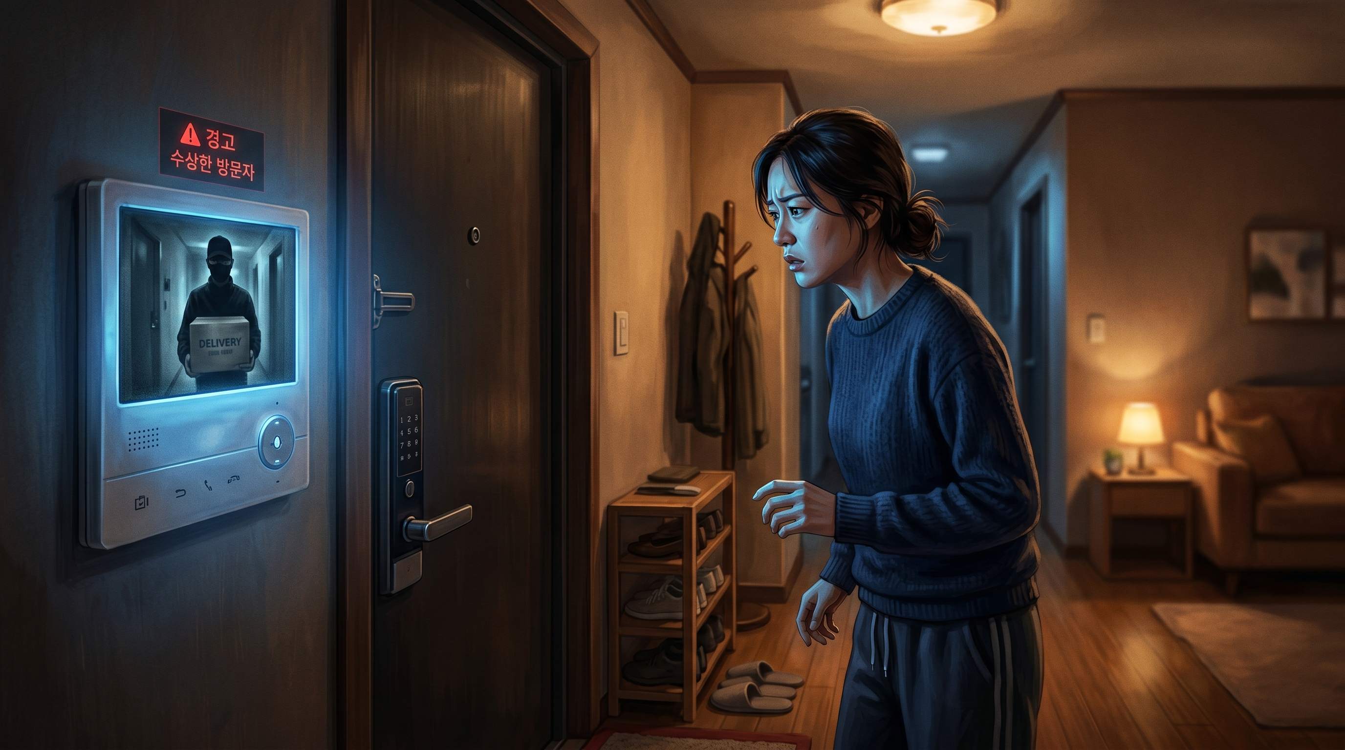밤 시간대 아파트 현관 안쪽에서 한 여성이 불안한 표정으로 인터폰 화면을 바라보고 있고, 화면 속에는 얼굴을 가린 채 택배 상자를 든 수상한 방문자가 흑백으로 비쳐지는 장면