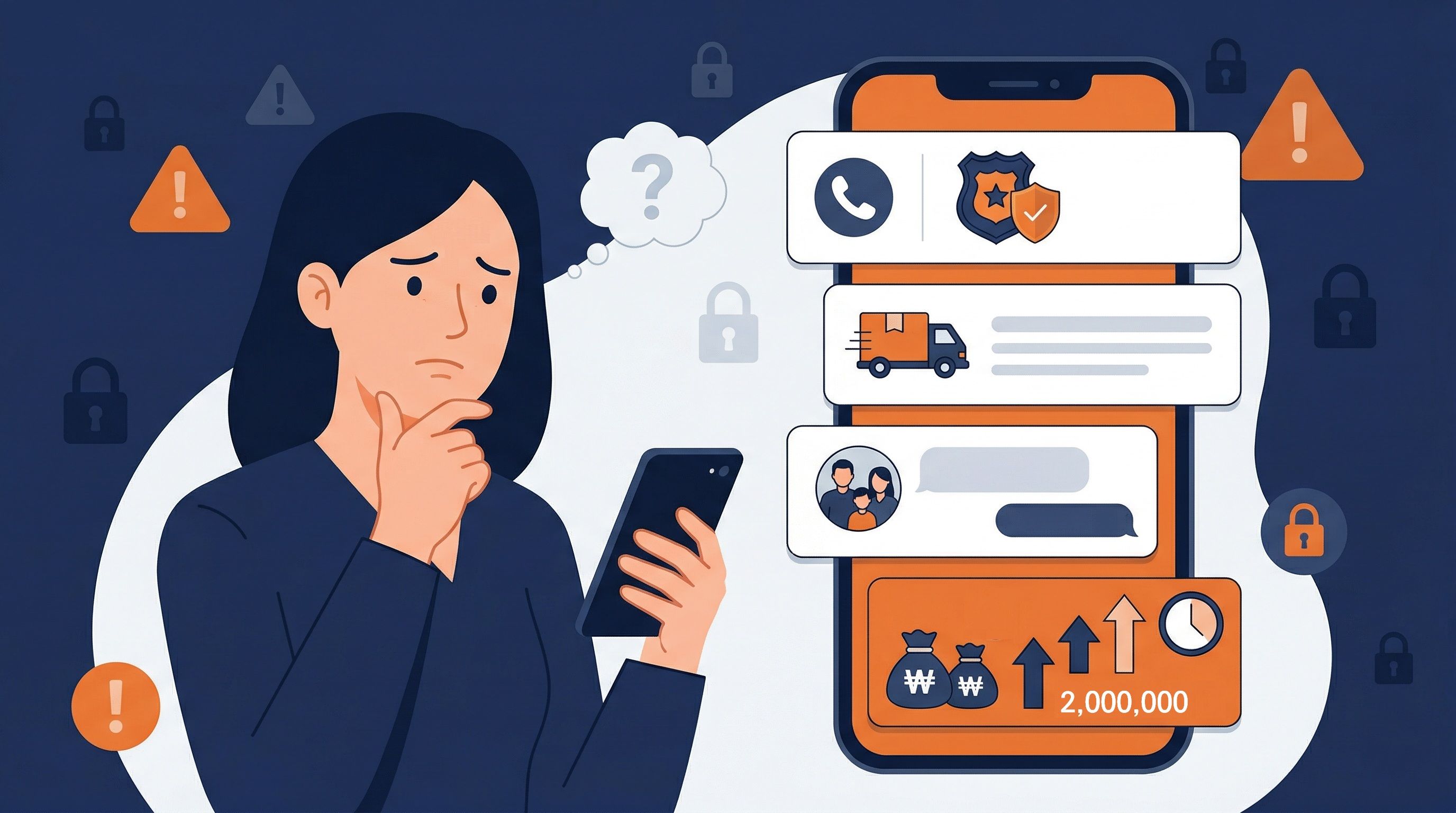 여러 종류의 피싱 의심 알림이 뜬 스마트폰 화면을 보며 고민하는 사람과, 경찰·택배·가족 사칭 메시지와 큰 금액 이체 아이콘이 함께 보이는 일러스트