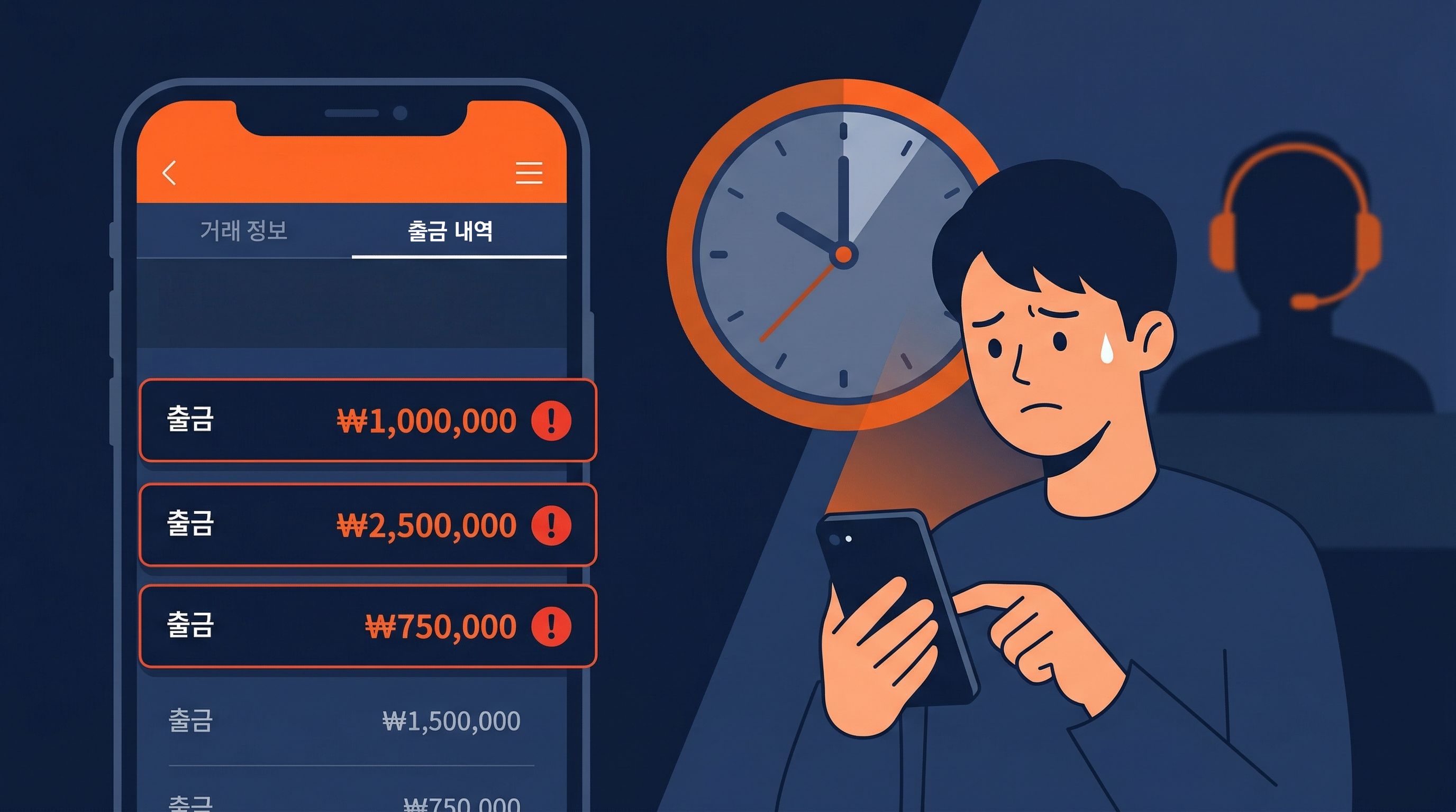 스마트폰 계좌 출금 내역에서 큰 금액의 이상 출금이 연달아 표시되고, 옆에서 걱정스러운 표정으로 휴대폰을 들여다보는 사람과 뒤편의 시계와 전화 사기범 실루엣이 함께 보이는 일러스트