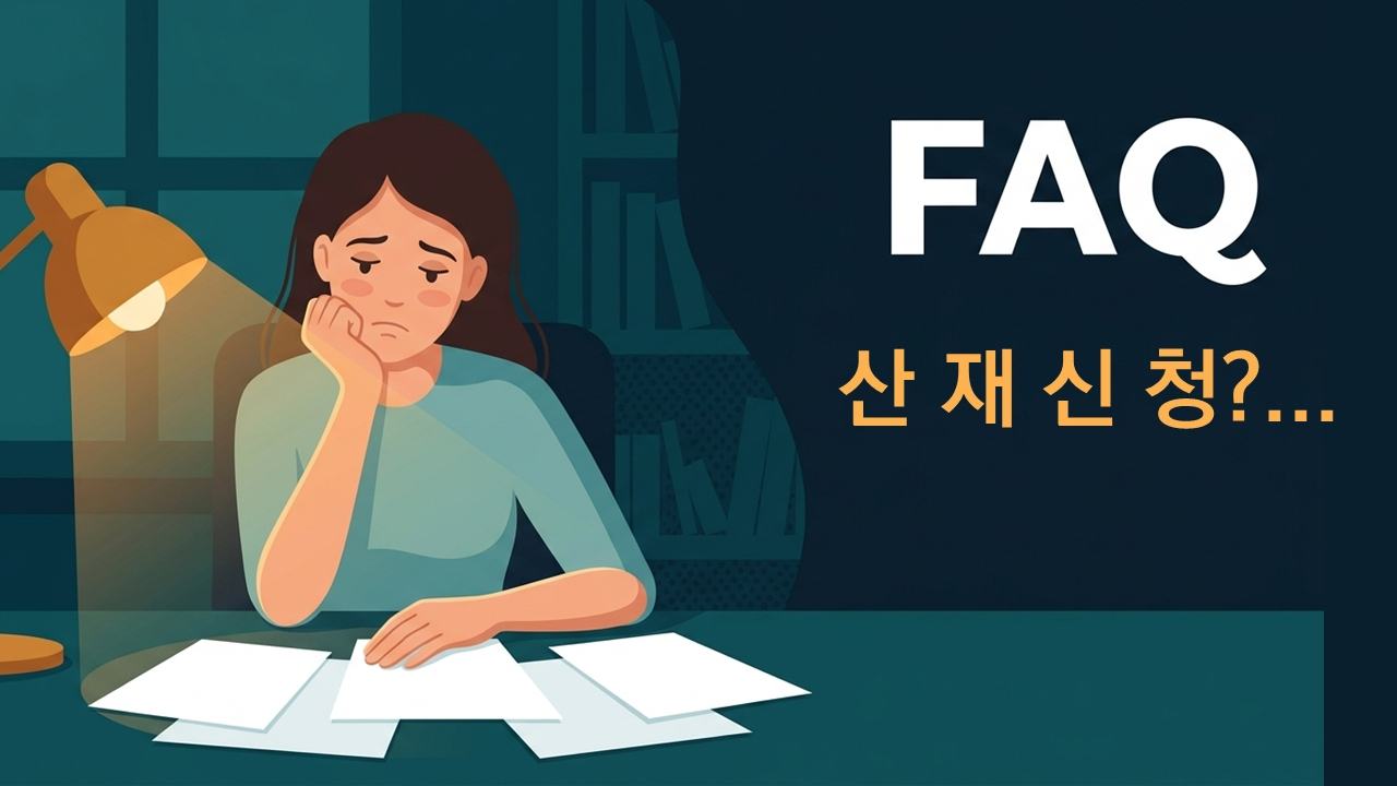 직장 내 괴롭힘으로 산재 신청을 고민하는 여성이 어두운 방에서 서류를 앞에 두고 FAQ를 확인하는 일러스트