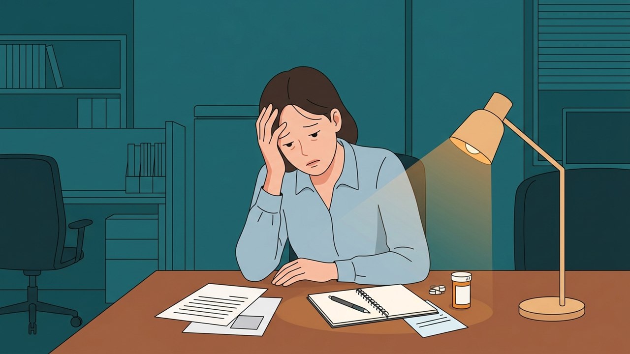 직장 내 괴롭힘으로 지쳐 어두운 사무실 책상에 홀로 앉아 있는 여성 직장인 일러스트
