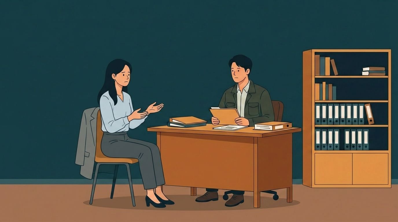 직장 내 괴롭힘 조사 과정에서 피해자가 근로감독관에게 피해 사실을 설명하는 장면