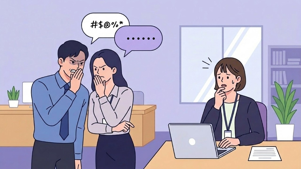사무실에서 두 동료가 귓속말을 나누며 수군거리는 가운데, 혼자 책상에 앉아 불안한 표정으로 노트북을 보는 직원의 일러스트 이미지