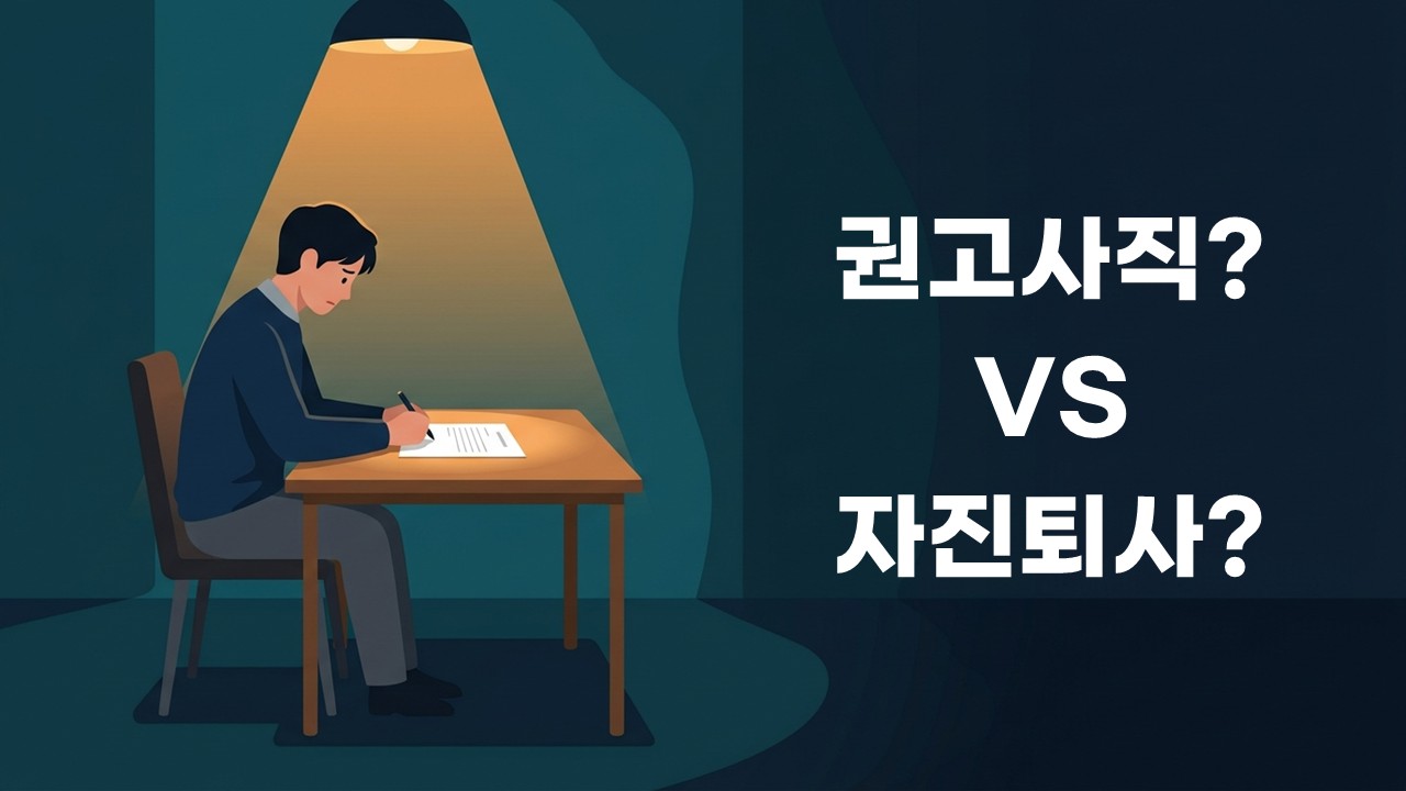 퇴사 압박을 받은 직장인이 어두운 책상 앞에서 권고사직과 자진퇴사 문제를 고민하는 일러스트