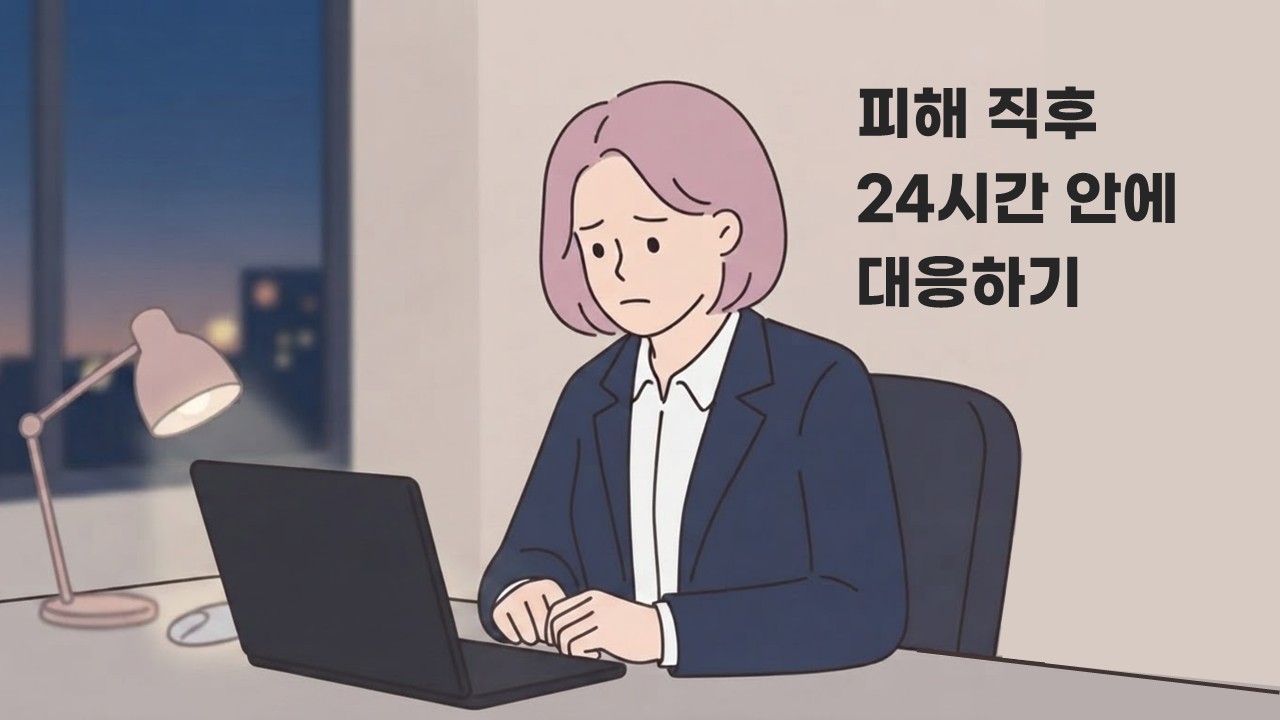 직장 내 성희롱 피해 직후 노트북 앞에서 사건을 기록하는 직장인 일러스트
