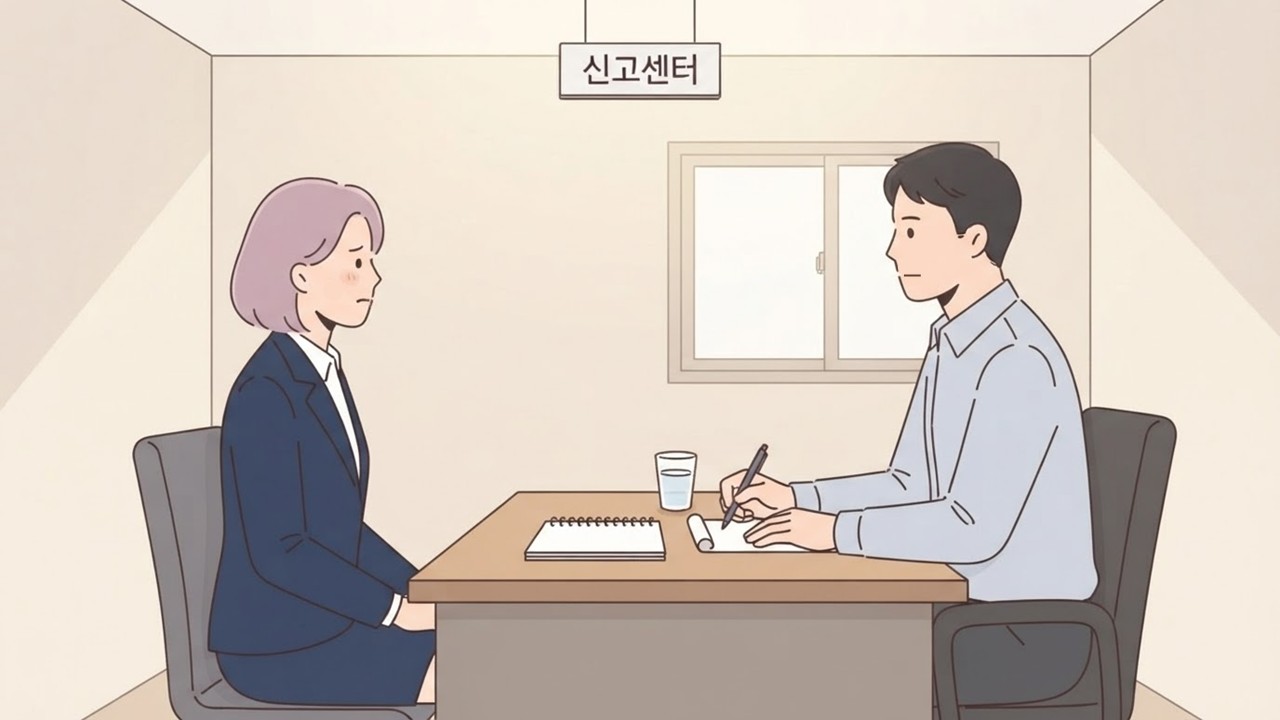 직장 내 성희롱 신고 후 신고센터에서 피해자와 담당자가 면담하는 일러스트
