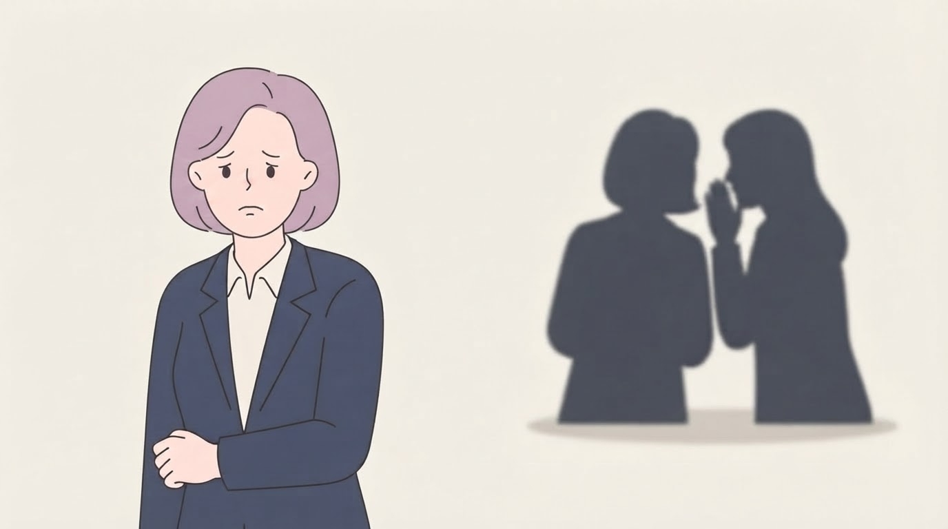 직장 내 성희롱 신고 후 동료들의 수군거림으로 2차 피해를 겪는 직장인 일러스트