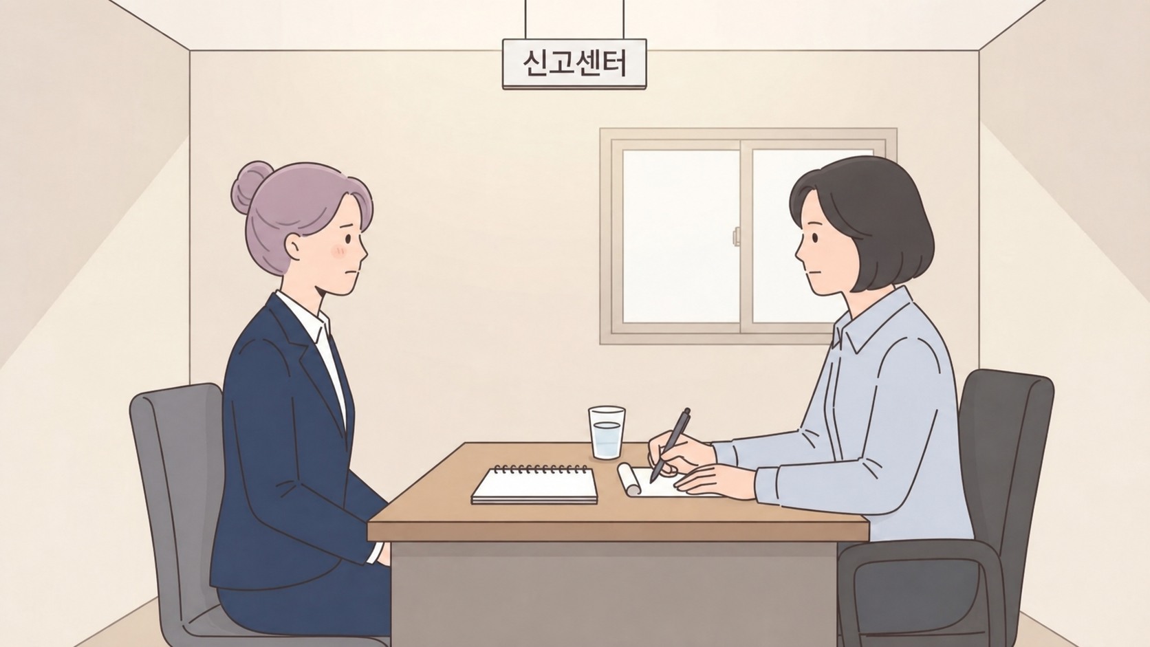 직장 내 성희롱 피해자가 신고센터에서 증거 부족 상황에 대해 상담받는 일러스트